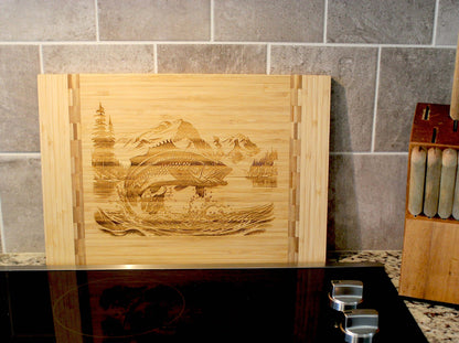 Mountain Lake Fishing Design Decorate this Bamboo Cutting Board & can be Personalized, Environmentally Friendly Gifts and Wood Easel Include