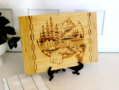 Mountain Fishing Design Decorate this Bamboo Cutting Board and can be Personalized, Environmentally Friendly Gifts and Wood Easel Include