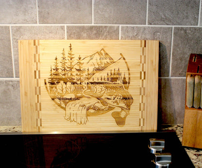 Mountain Fishing Design Decorate this Bamboo Cutting Board and can be Personalized, Environmentally Friendly Gifts and Wood Easel Include