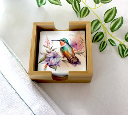 Unique Hummingbird Designs Decorate these Bamboo Drinkware/Beverage Coasters, great Gift for Hummingbird Lover and Mother's Day