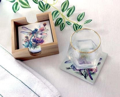 Custom Bamboo Coaster Set, Personalized Dragonfly Lover Gift, Rustic Decorative Wedding Favors, Sustainable and Environmentally Friendly