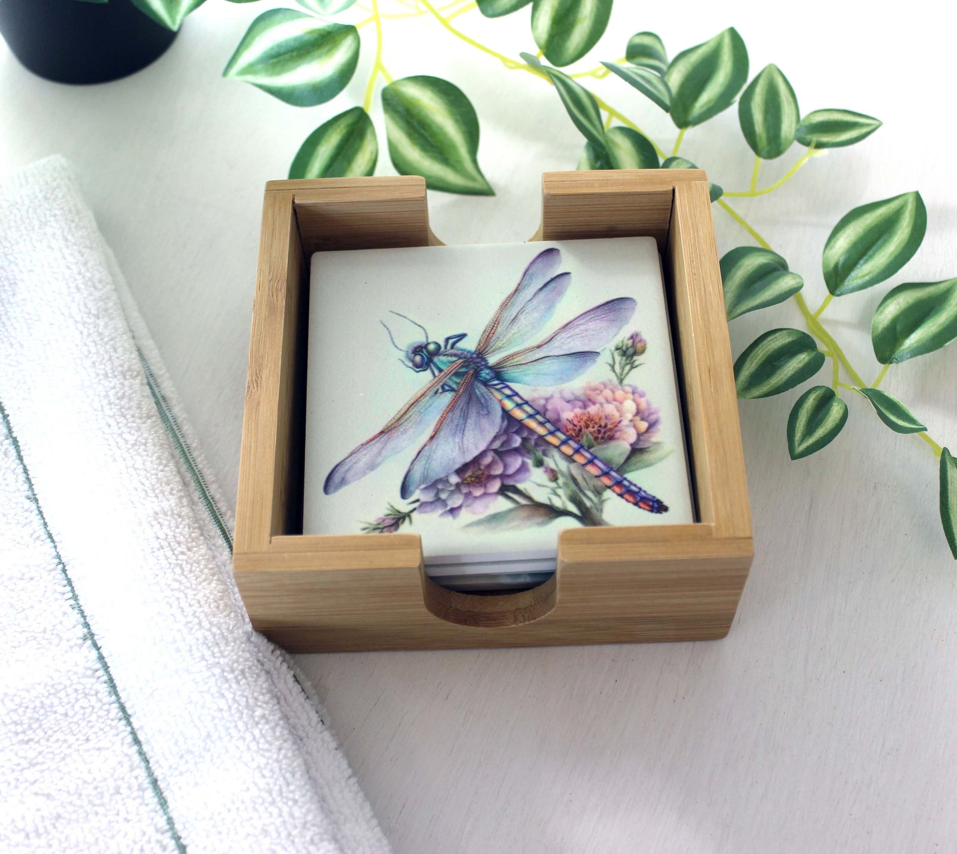 Custom Bamboo Coaster Set, Personalized Dragonfly Lover Gift, Rustic Decorative Wedding Favors, Sustainable and Environmentally Friendly