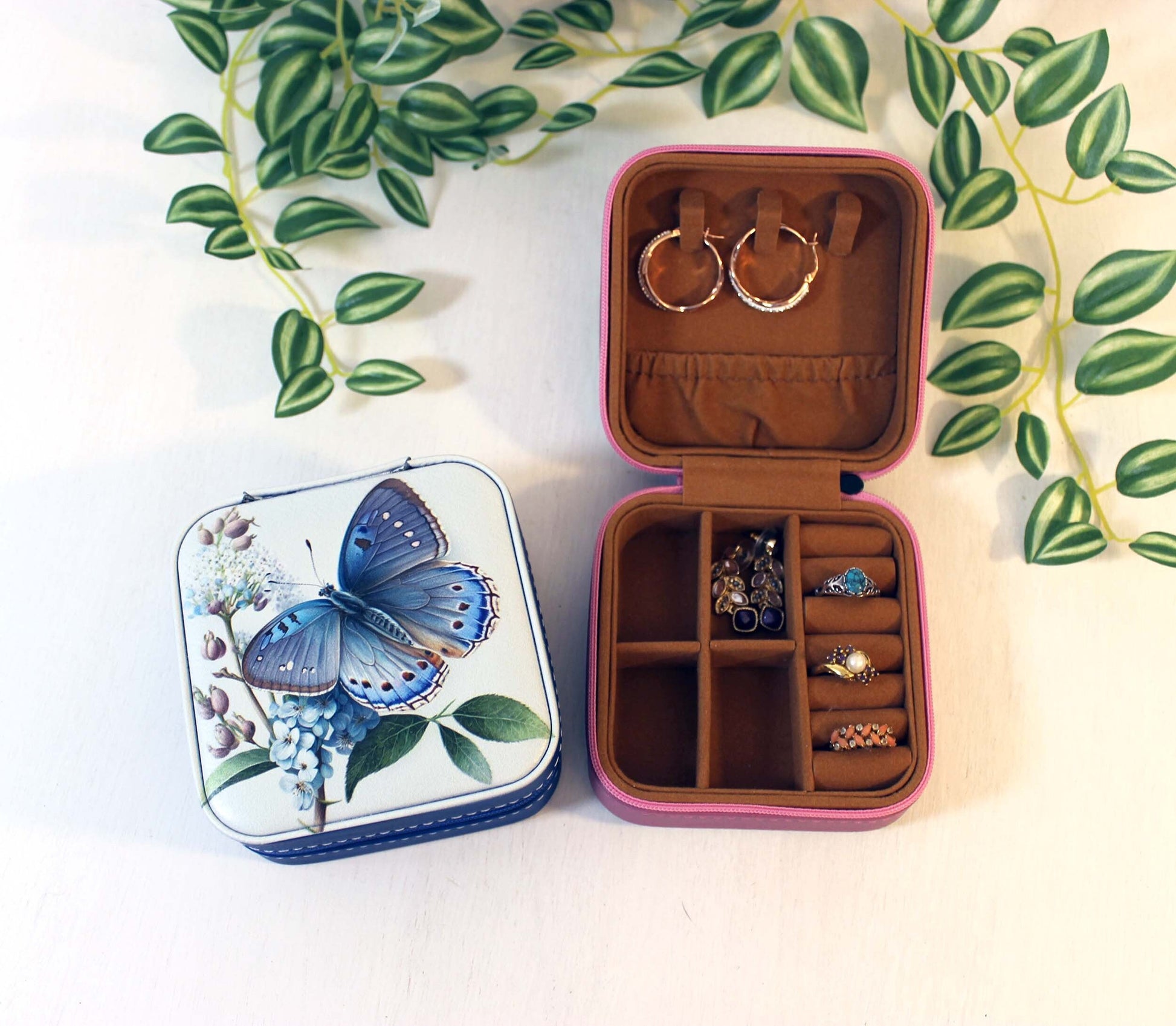 Travel Jewelry Case, Small Jewelry Box, Blue Butterfly, Bridesmaid Jewelry Box, Perfect Birthday or Mother's Day Gift, Leatherette