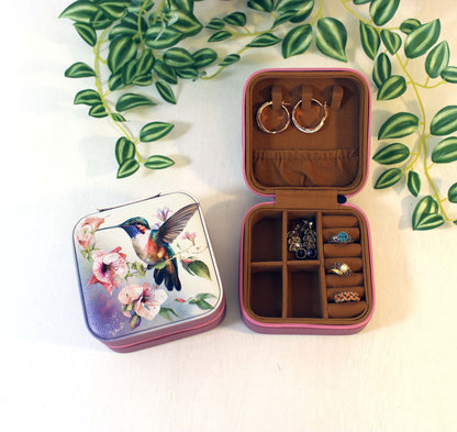 Beautiful Hummingbird Jewelry Box, Travel Jewelry Case, Custom Bridesmaid Wedding Gift, Pink Jewelry Case, Perfect Birthday or Mother's Day