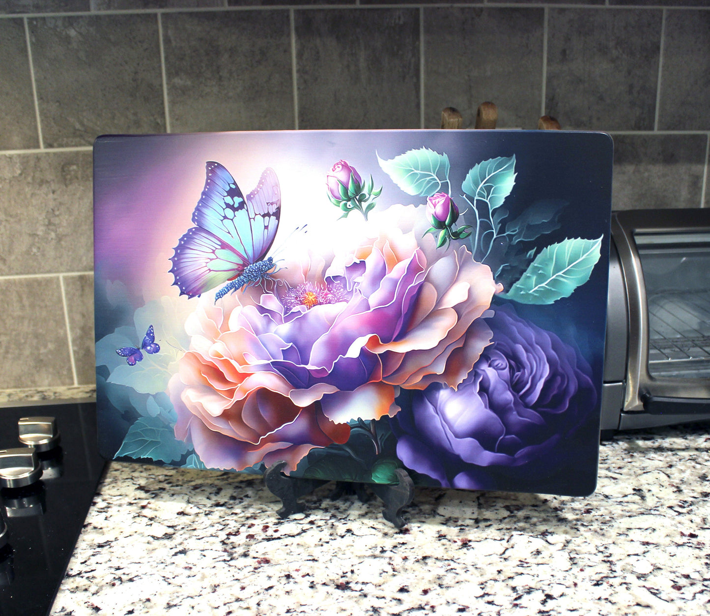 Large Blue Butterfly with Purple Roses Brighten up your Kitchen Decor, Environmentally Friendly Bamboo Cutting Board Decorated with UV Ink