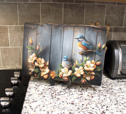 Rustic Summer Blue Birds with Flowers Brighten up your Kitchen Decor, an Environmentally Friendly Bamboo Cutting Board Decorated with UV Ink
