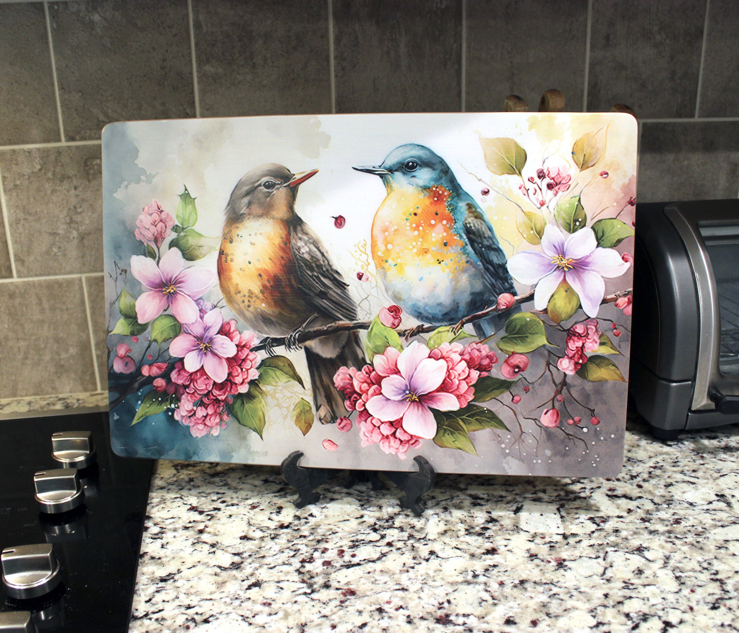 Birds with Spring Flowers Cutting Board will Brighten up your Kitchen Decor, Environmentally Friendly Cutting Board UV Ink Watercolor Design