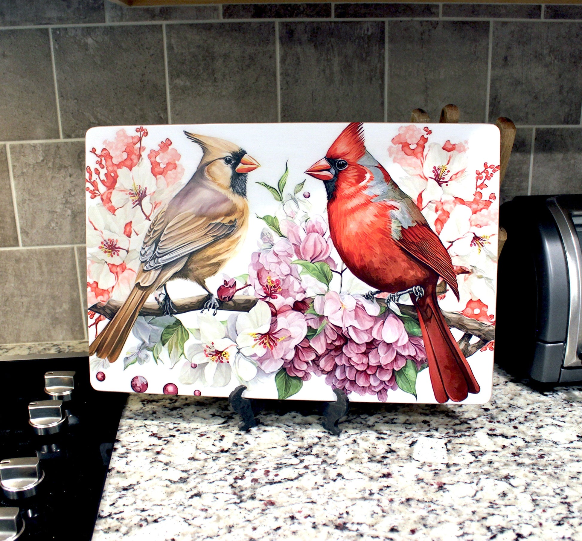 Cardinals with Spring Flowers Brighten up your Kitchen Decor, Environmentally Friendly Bamboo Cutting Board using UV Ink