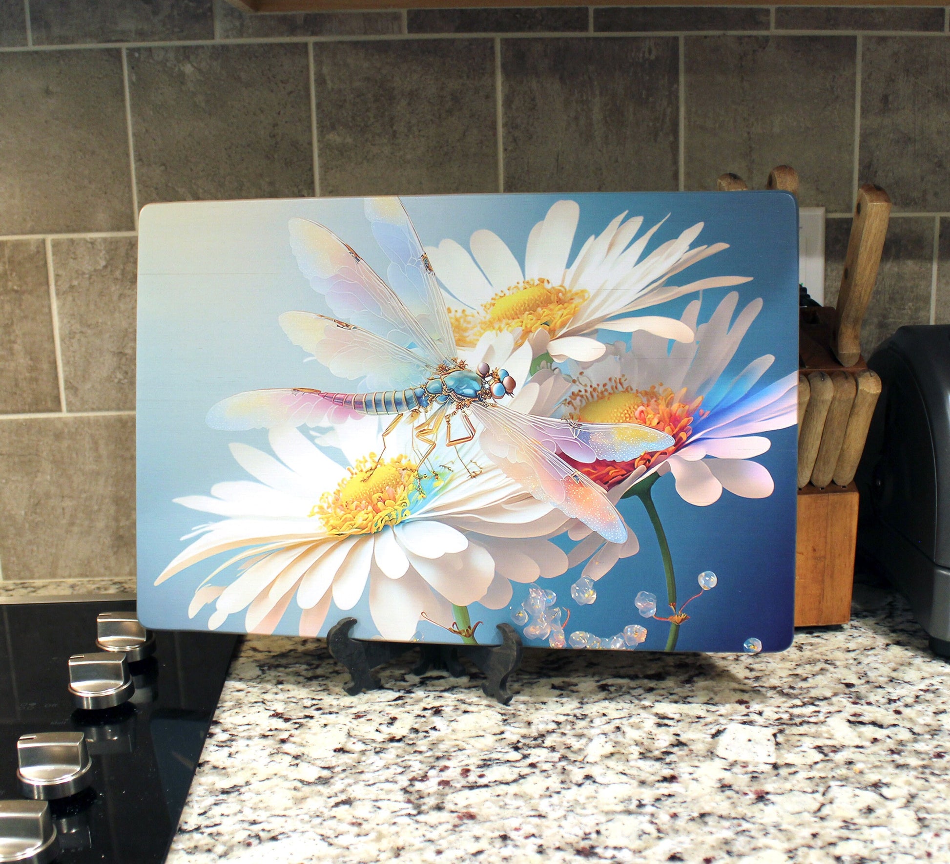 Dragonfly and Daisy Flowers Brighten up your Kitchen Decor, an Environmentally Friendly Bamboo Cutting Board Decorated with UV Ink
