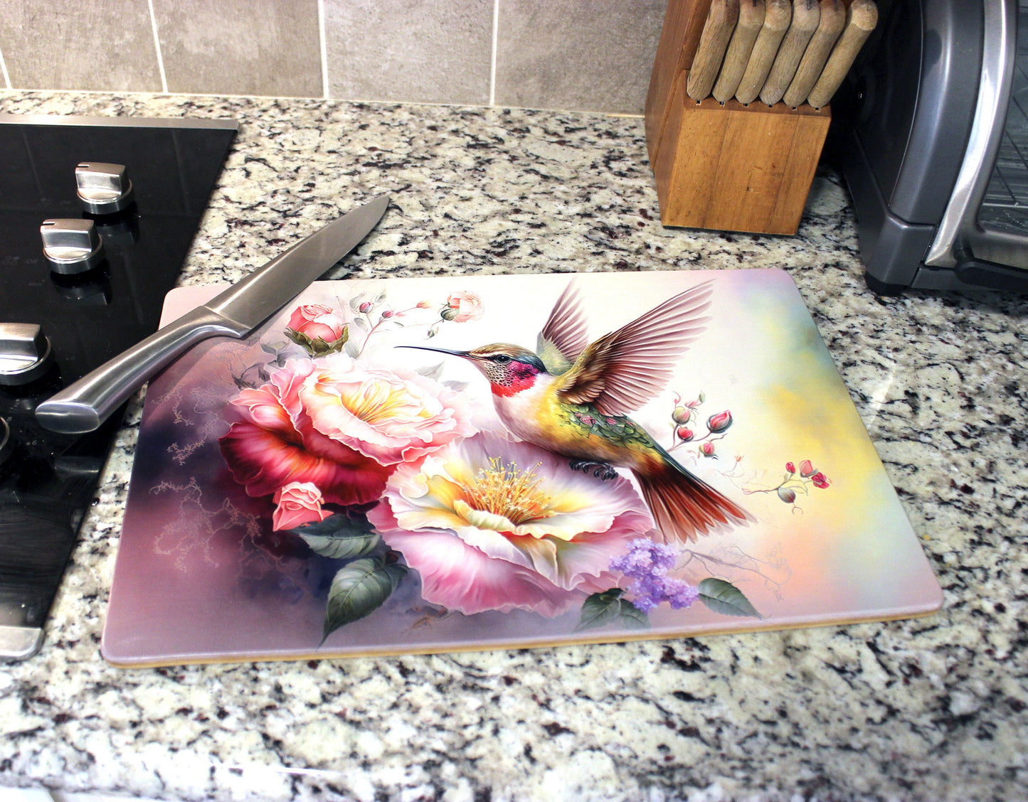 Graceful Hummingbird with Pink Roses Brighten up your Kitchen Decor, an Environmentally Friendly Bamboo Cutting Board Decorated with UV Ink