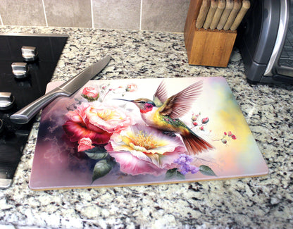 Graceful Hummingbird with Pink Roses Brighten up your Kitchen Decor, an Environmentally Friendly Bamboo Cutting Board Decorated with UV Ink