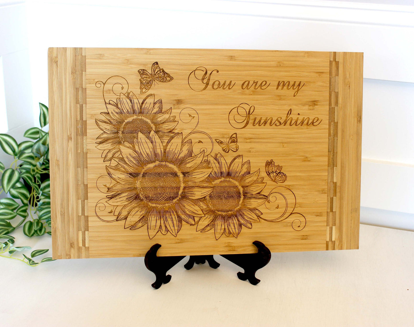 Sunflowers and Butterflies Kitchen Decor - Personalized Bamboo Cutting Board, great Environmentally Friendly Gifts, Wooden Easel Included