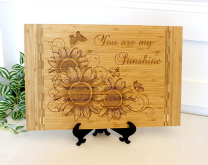 Sunflowers and Butterflies Kitchen Decor - Personalized Bamboo Cutting Board, great Environmentally Friendly Gifts, Wooden Easel Included