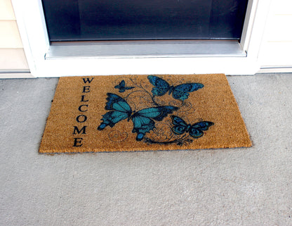 Blue Butterfly Doormat, Natural Coir Door Mat 18" x 30", Welcome Door Mat, Perfect Housewarming Gift, New Home Gift or Mother's Day Gift