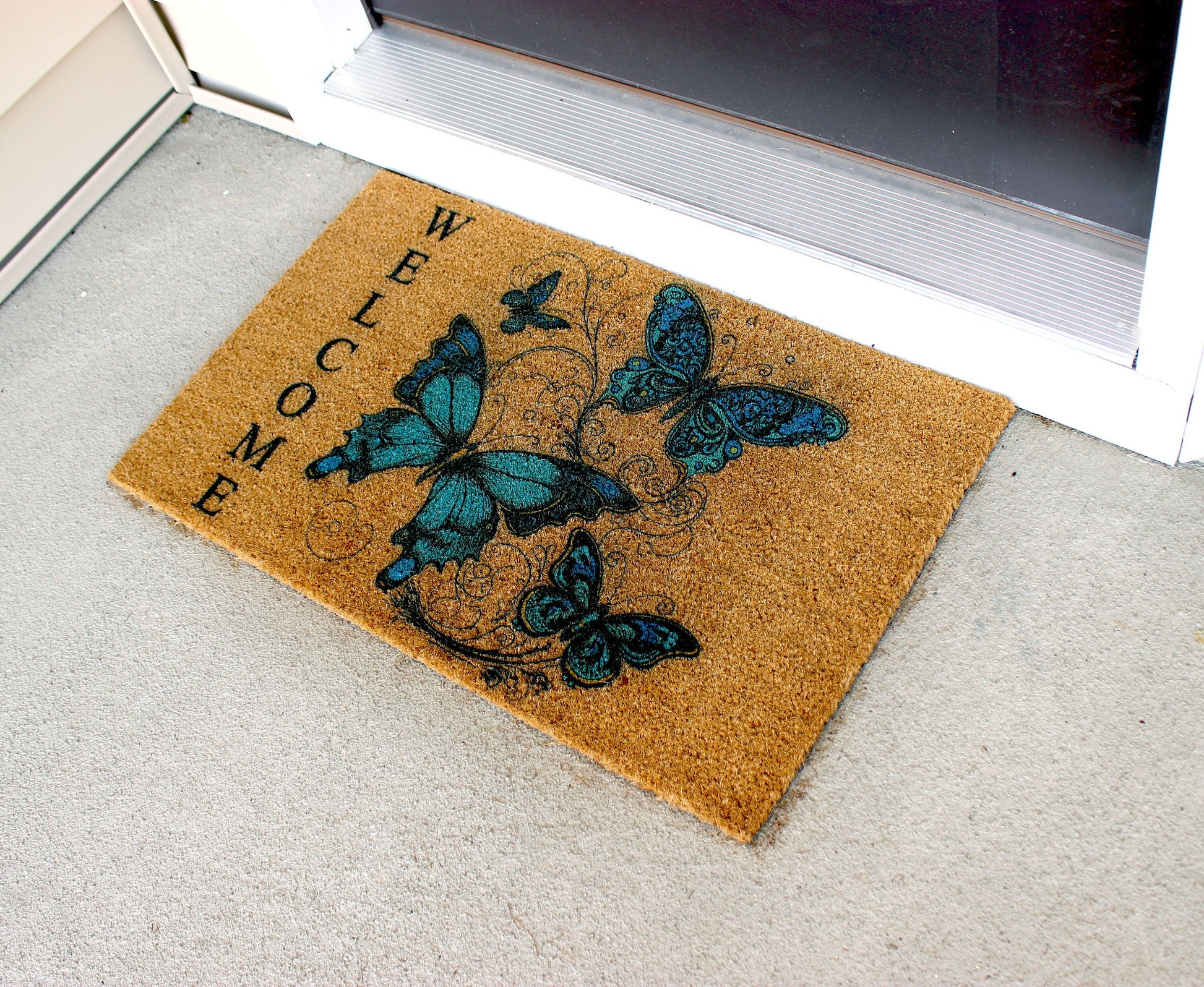 Blue Butterfly Doormat, Natural Coir Door Mat 18" x 30", Welcome Door Mat, Perfect Housewarming Gift, New Home Gift or Mother's Day Gift