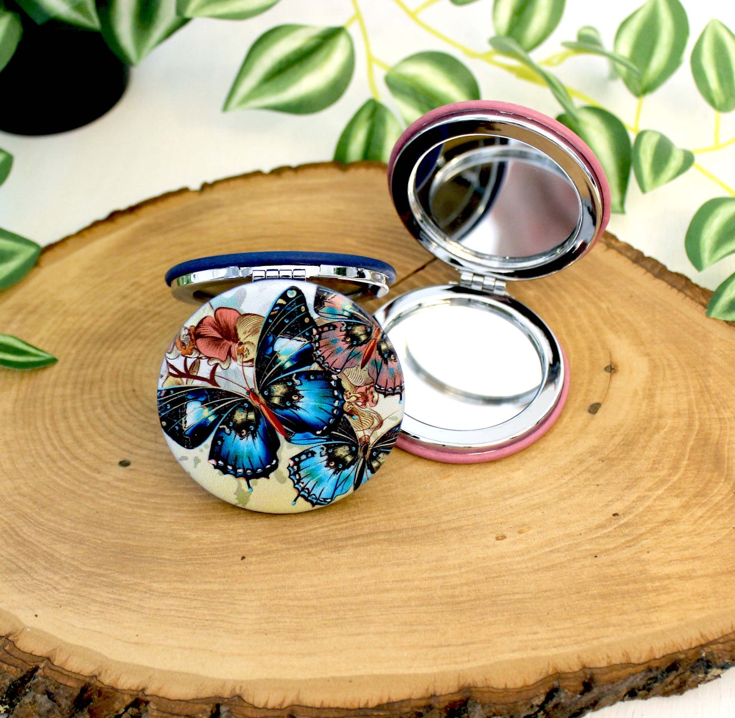 UV Decorated Butterfly Leatherette Women's Compact Mirror, Custom Bridesmaid Wedding Gift, Perfect Birthday or Mother's Day Gift or favors