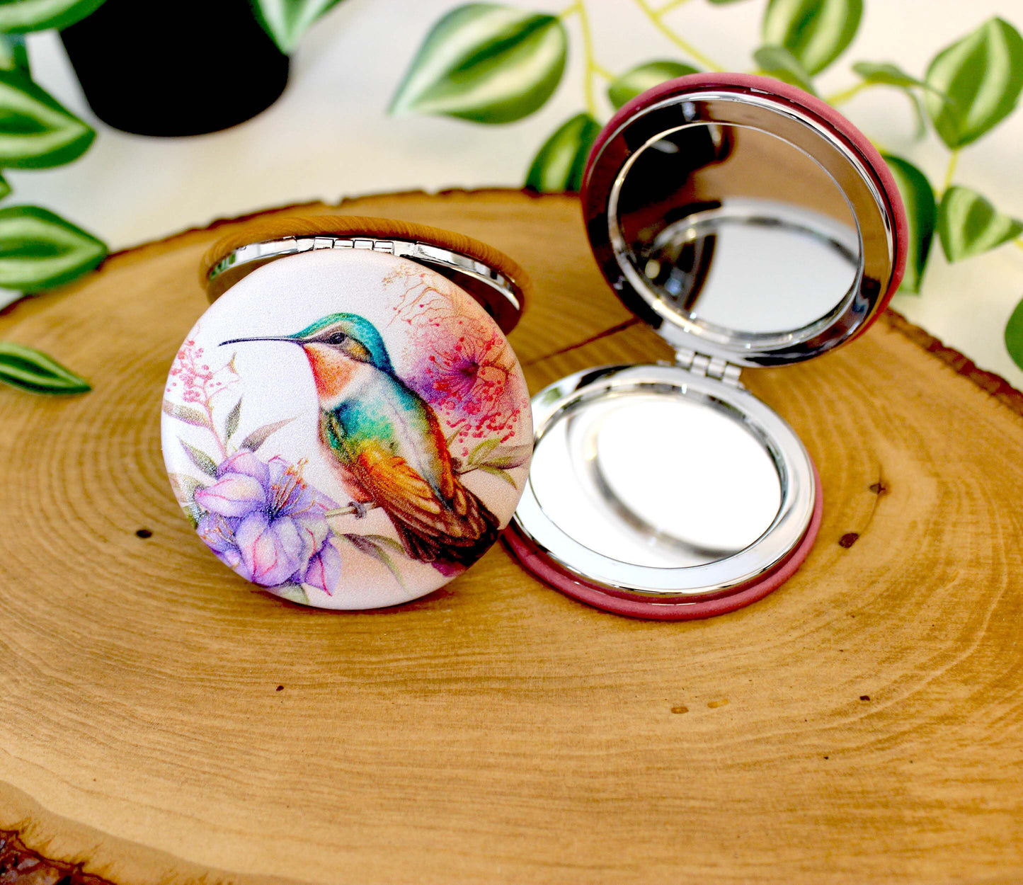UV Decorated Ruby Throated Hummingbird Leatherette Women's Compact Mirror, Custom Bridesmaid Gift, Perfect Birthday or Mother's Day Gift