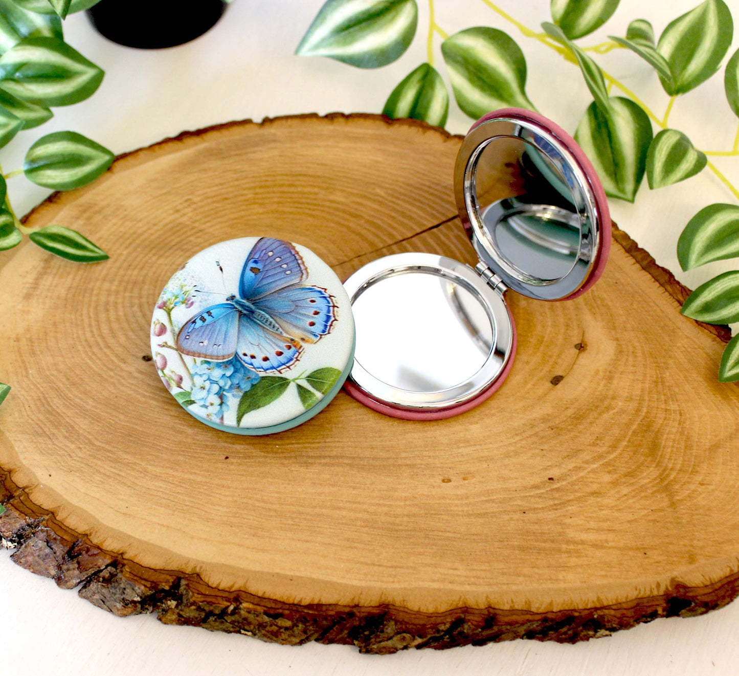 Blue Butterfly Leatherette Women's Compact Mirror, Custom Bridesmaid Gift, Perfect Birthday/Mother's Day Gift or favors. UV Decorated