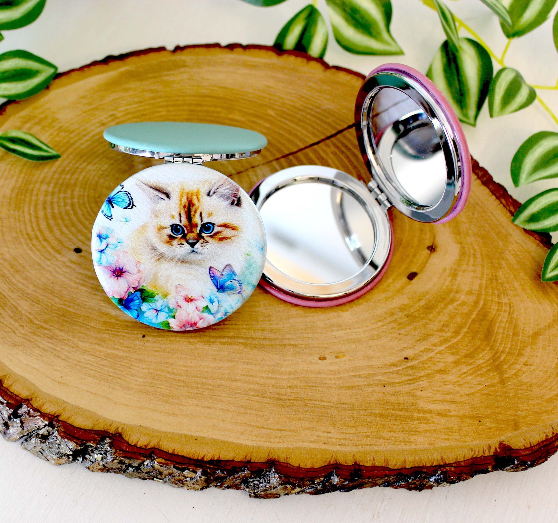 Blue Butterfly & Kitten Leatherette Women's Compact Mirror, Custom Bridesmaid Wedding Gift, Perfect Birthday/Mother's Day Gift, UV Decorated