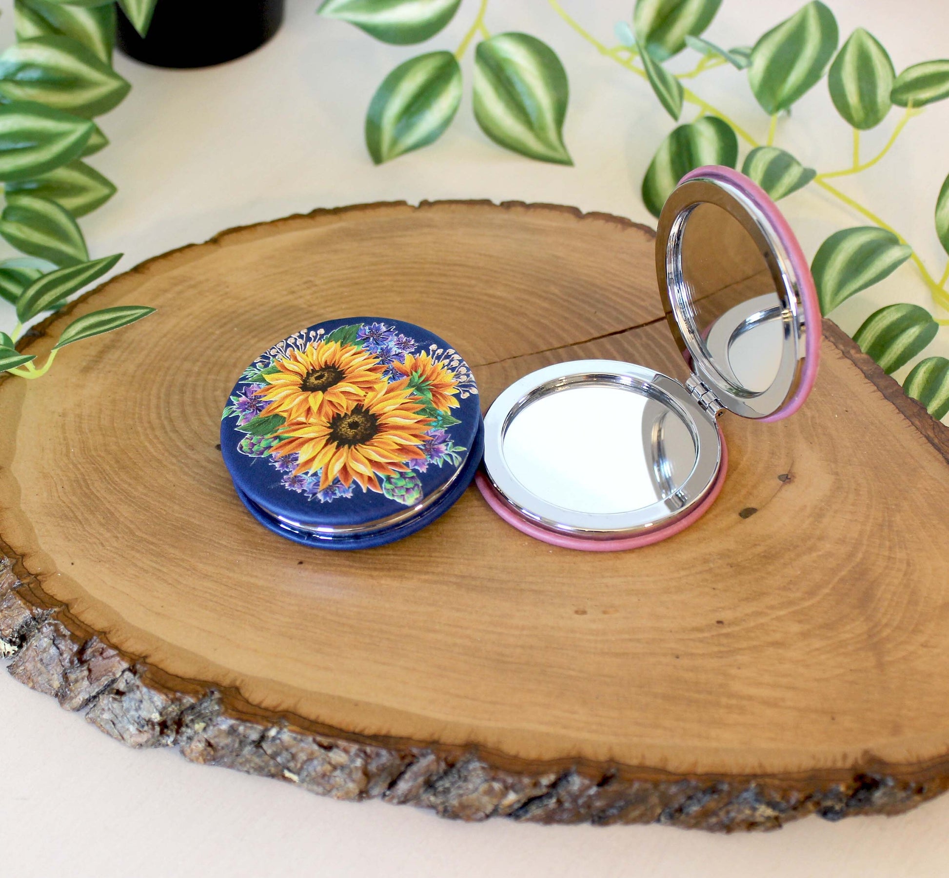 UV Decorated Sunflower & Cornflowers Leatherette Women's Compact Mirror perfect Bridesmaid Wedding Gift, Perfect Birthday/Mother's Day Gift