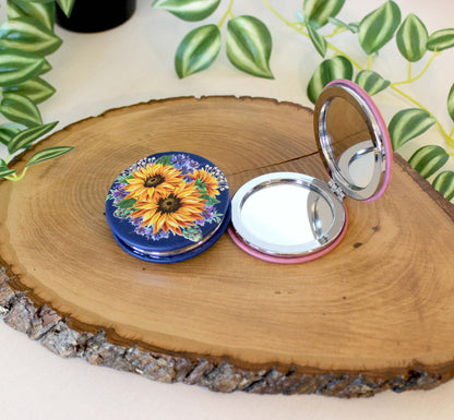 UV Decorated Sunflower & Cornflowers Leatherette Women's Compact Mirror perfect Bridesmaid Wedding Gift, Perfect Birthday/Mother's Day Gift