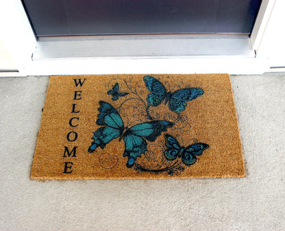 Blue Butterfly Doormat, Natural Coir Door Mat 18" x 30", Welcome Door Mat, Perfect Housewarming Gift, New Home Gift or Mother's Day Gift