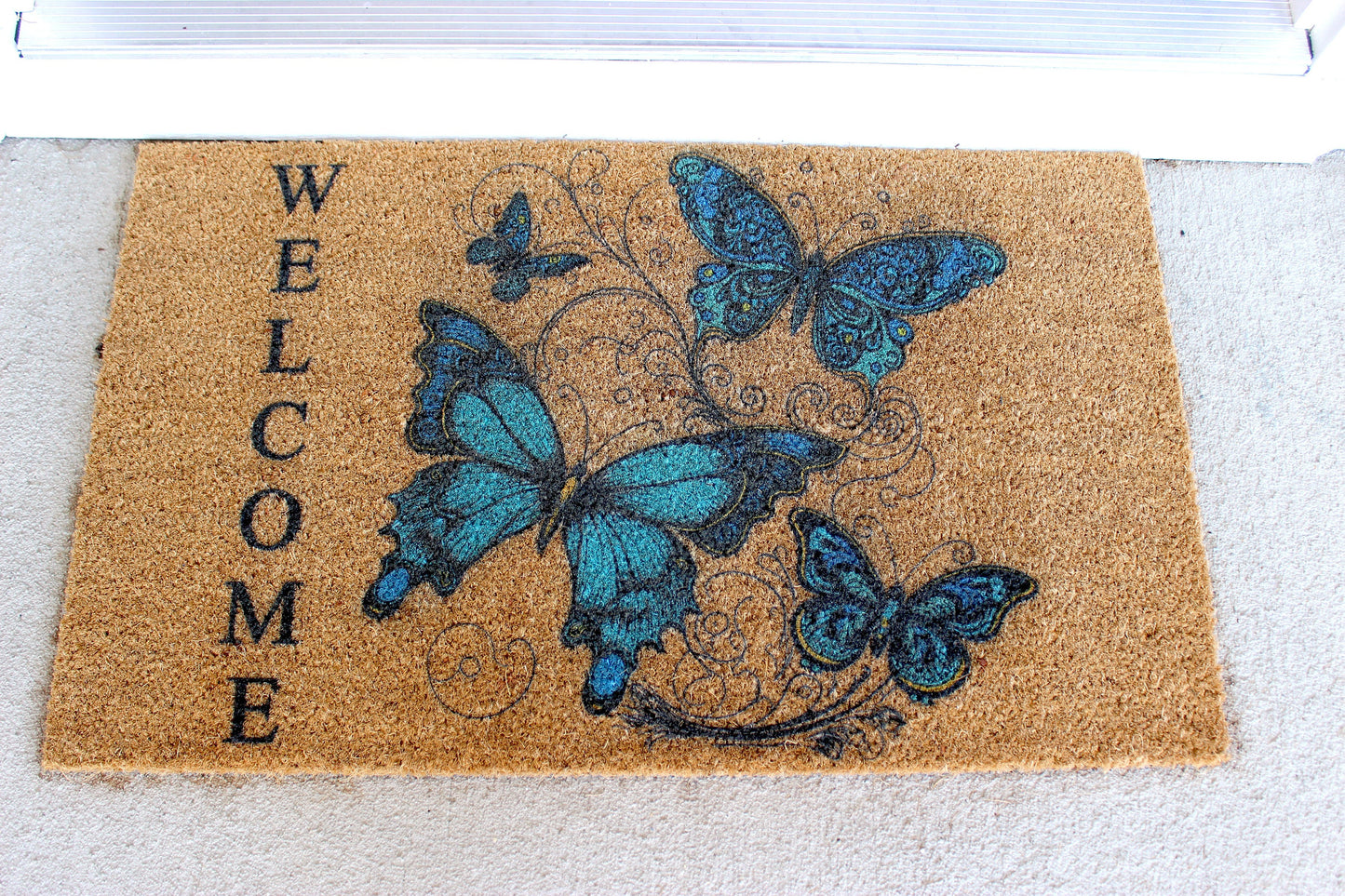 Blue Butterfly Doormat, Natural Coir Door Mat 18" x 30", Welcome Door Mat, Perfect Housewarming Gift, New Home Gift or Mother's Day Gift