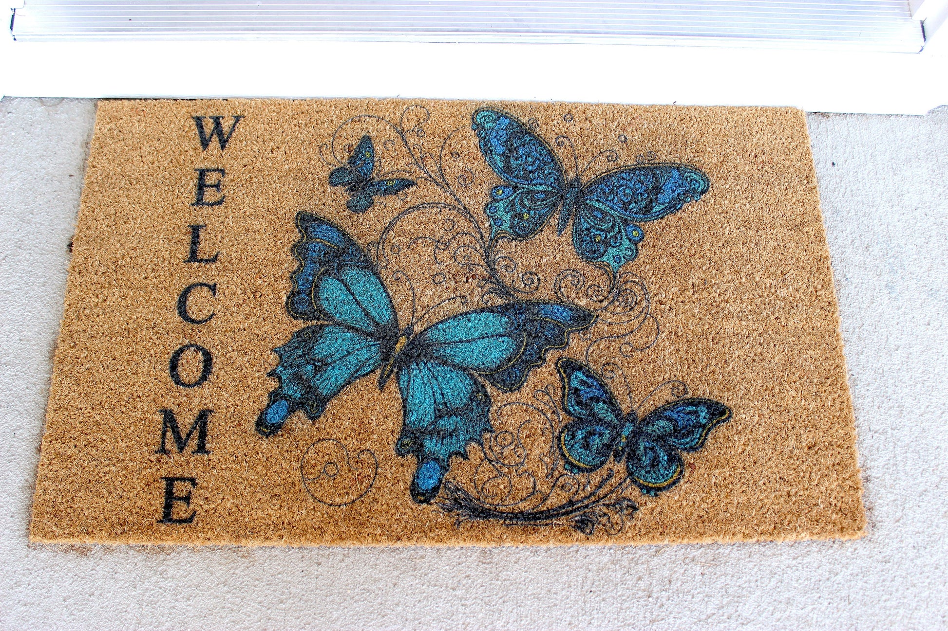 Blue Butterfly Doormat, Natural Coir Door Mat 18" x 30", Welcome Door Mat, Perfect Housewarming Gift, New Home Gift or Mother's Day Gift