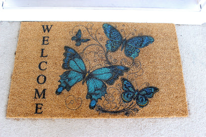 Blue Butterfly Doormat, Natural Coir Door Mat 18" x 30", Welcome Door Mat, Perfect Housewarming Gift, New Home Gift or Mother's Day Gift