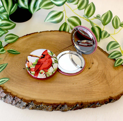 UV Decorated Red Cardinal Leatherette Women's Compact Mirror, Custom Bridesmaid Wedding Gift, Perfect Birthday / Mother's Day Gift or favors