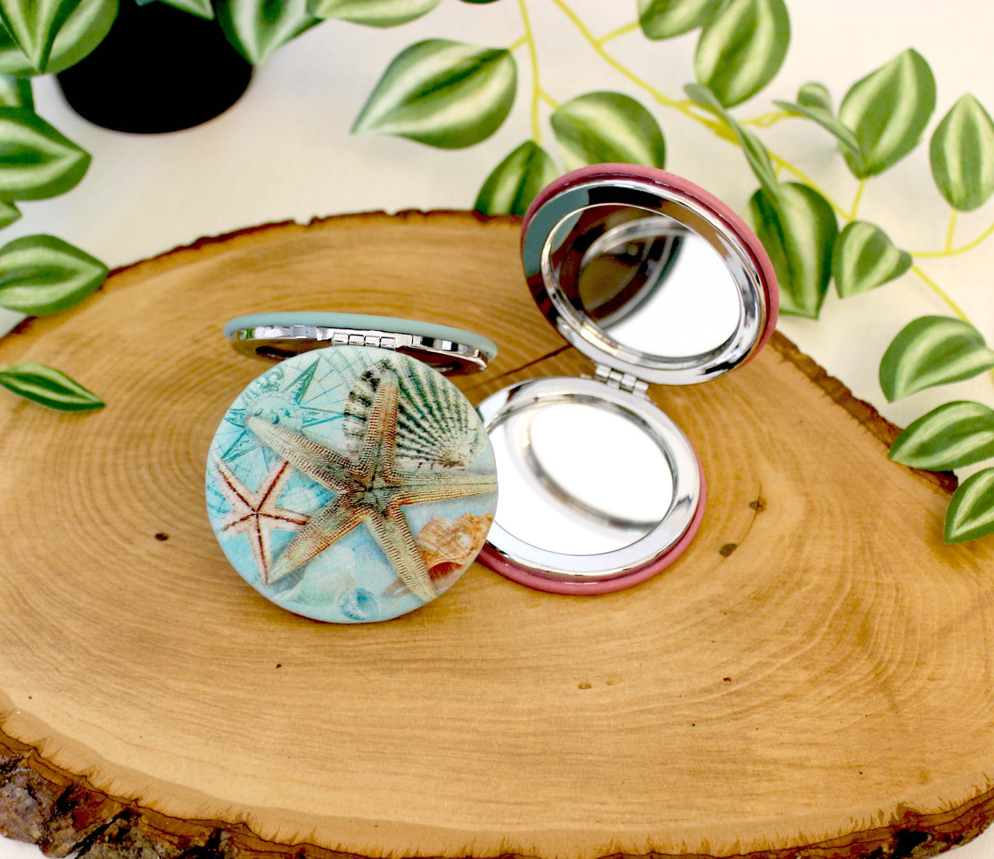 UV Decorated Seashell Leatherette Women's Compact Mirror, Custom Bridesmaid Wedding Gift, Perfect Birthday or Mother's Day Gift or favors
