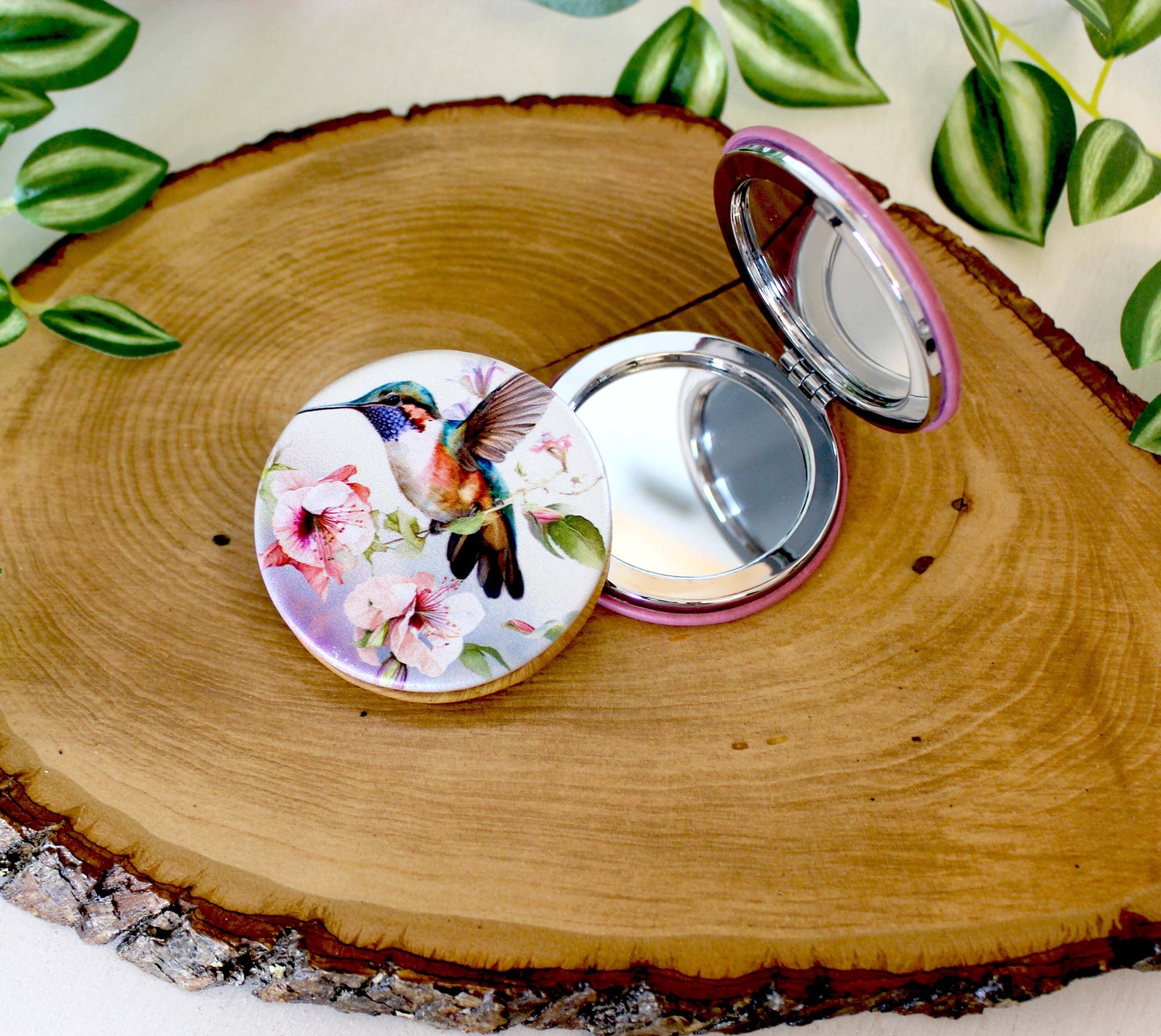 UV Decorated Hummingbird on Pink Floral Vine Leatherette Women's Compact Mirror, Custom Bridesmaid Gift, Perfect Birthday/Mother's Day Gift