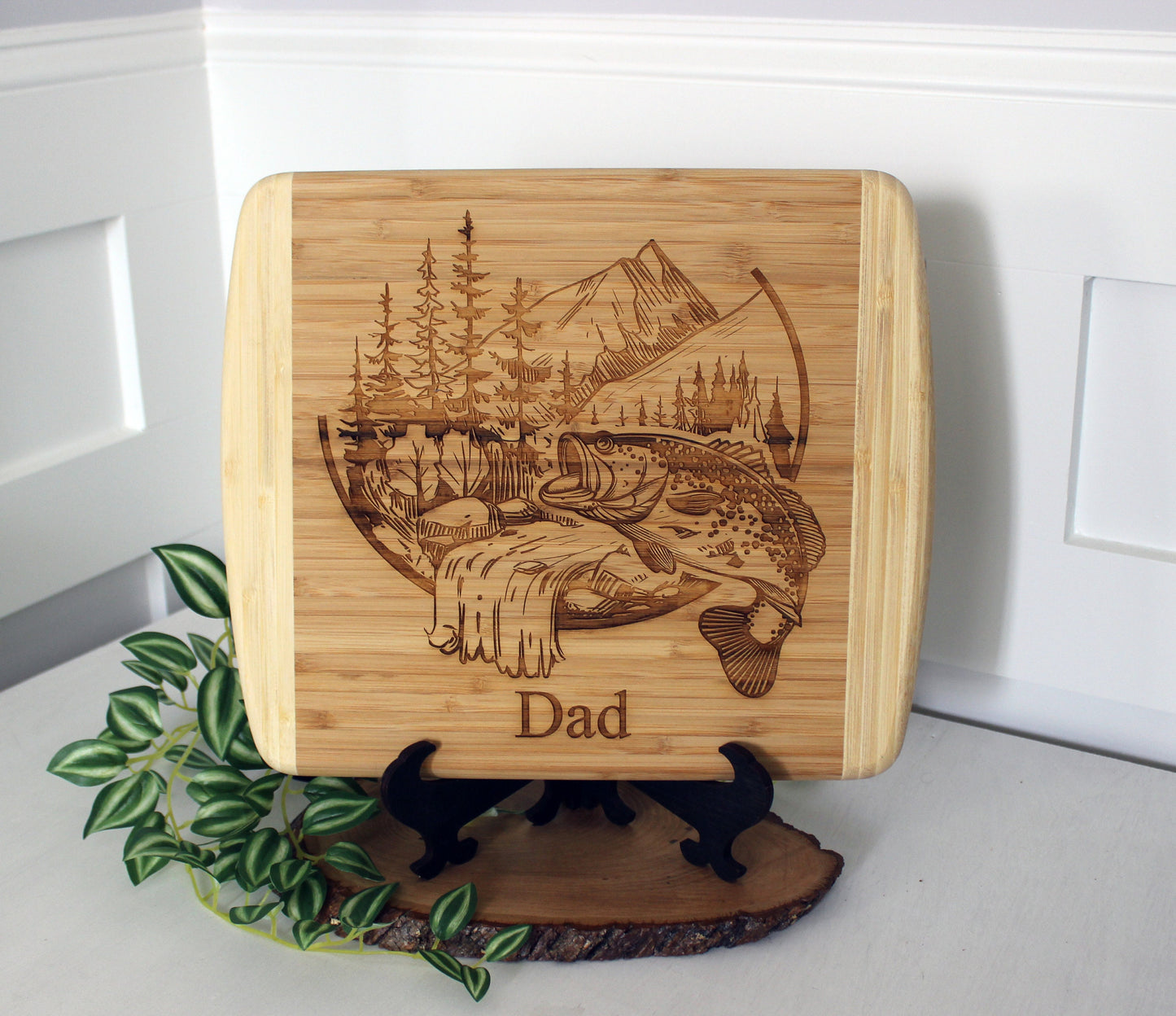 Mountain Fishing Design Decorate this Bamboo Cutting Board and can be Personalized, Environmentally Friendly Gifts and Wood Easel Include