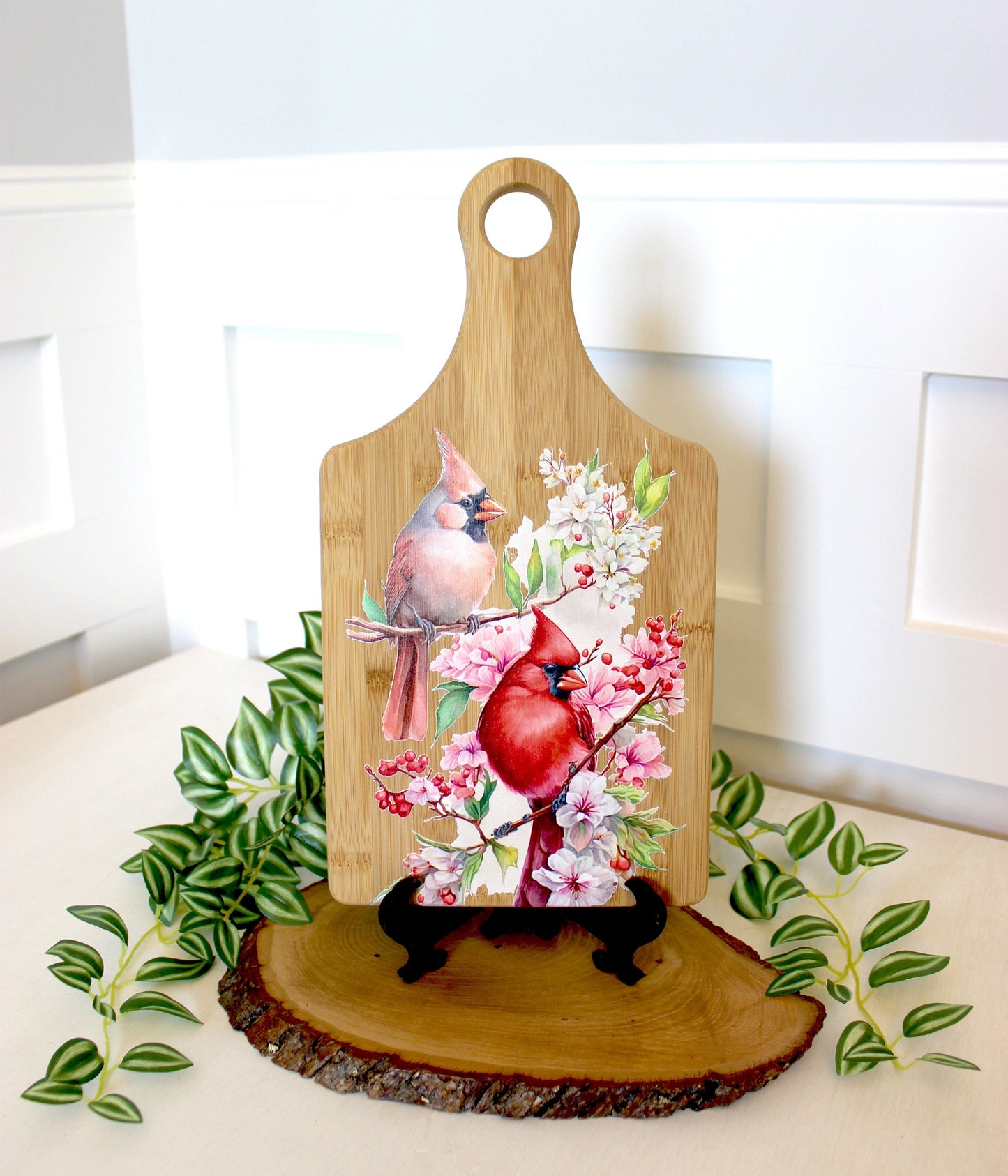 Full Color Spring Cardinal Kitchen Decor, Personalized Bamboo Wood Cardinal Paddle Cutting Board is a great Environmentally Friendly Gift