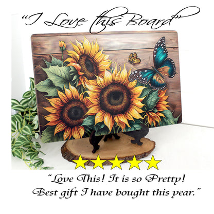 Personalized Farmhouse Cutting Board, Decorative Sunflower and Butterfly Lovers Gift, Custom Bamboo Cheese Board, Rustic Kitchen Decor