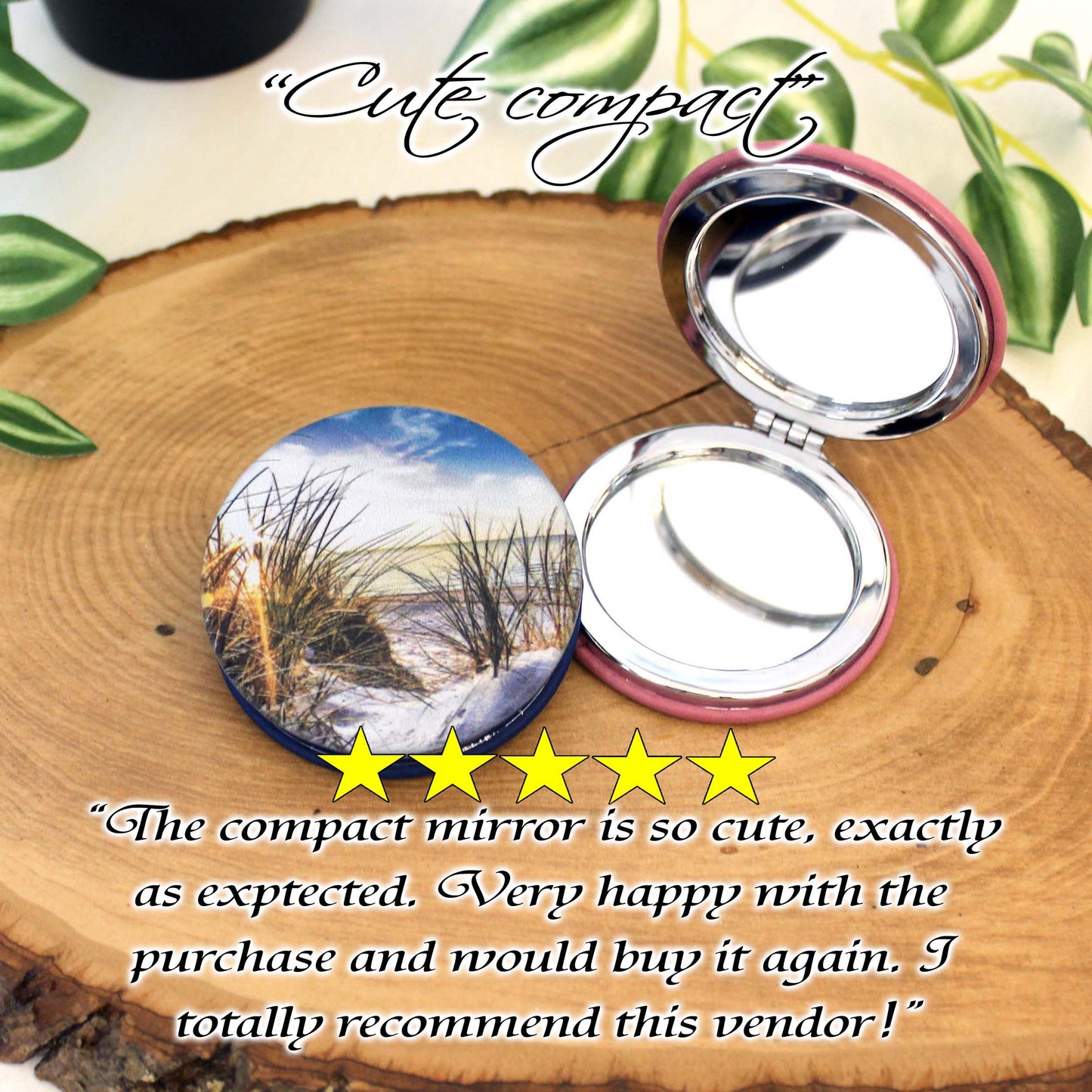 UV Decorated Beach Leatherette Women's Compact Mirror, Custom Bridesmaid Wedding Gift, Perfect Birthday or Mother's Day Gift or favors