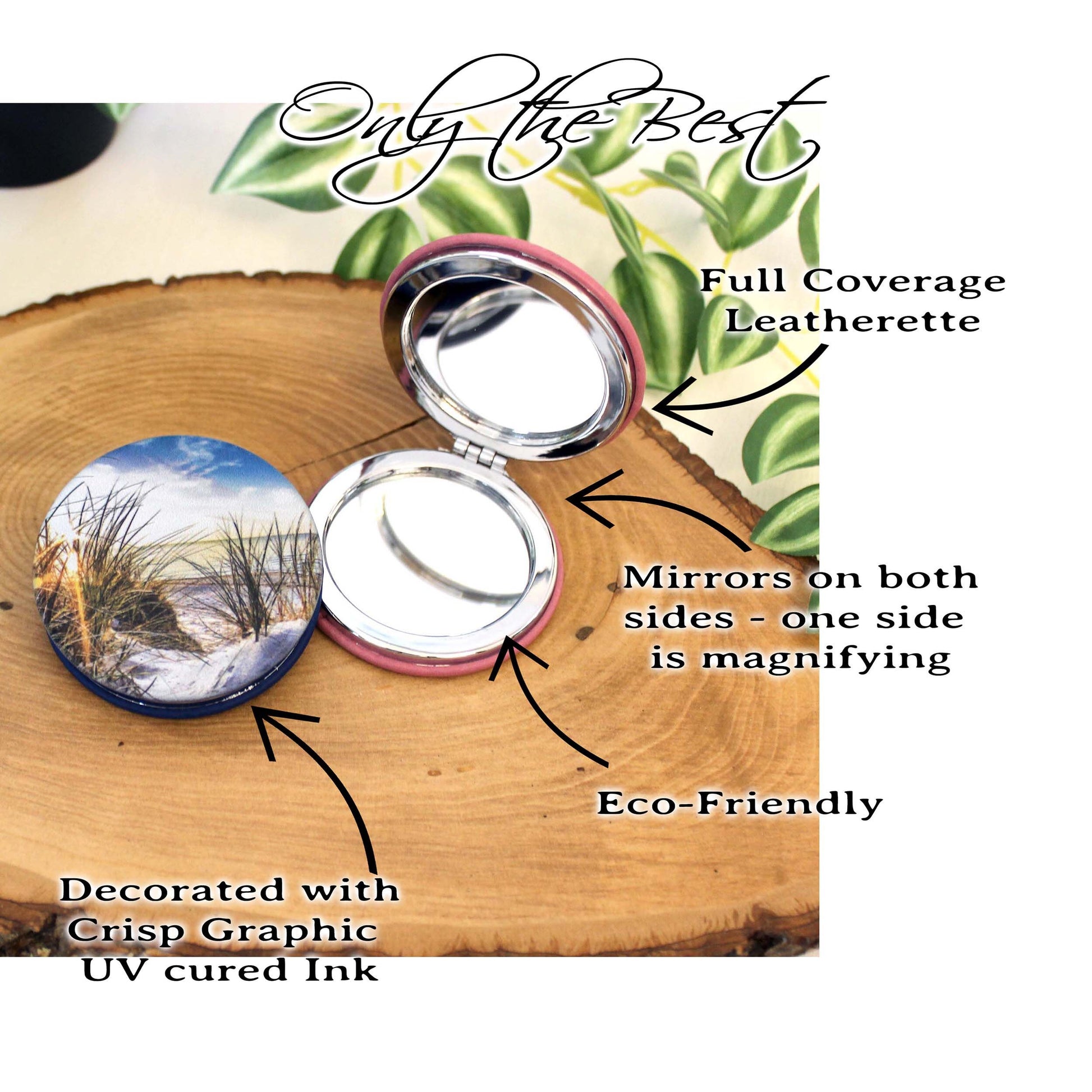 UV Decorated Beach Leatherette Women's Compact Mirror, Custom Bridesmaid Wedding Gift, Perfect Birthday or Mother's Day Gift or favors