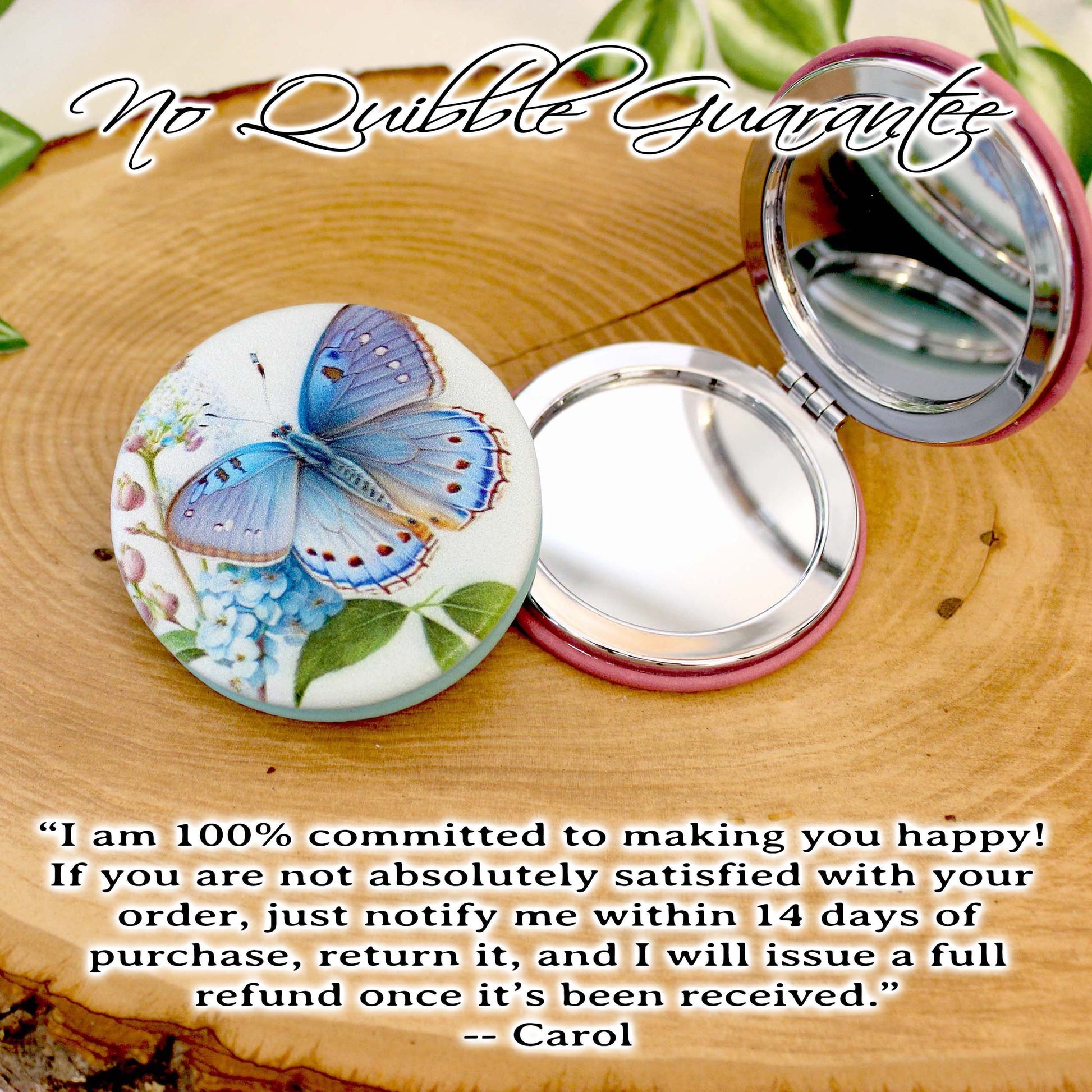 Blue Butterfly Leatherette Women's Compact Mirror, Custom Bridesmaid Gift, Perfect Birthday/Mother's Day Gift or favors. UV Decorated