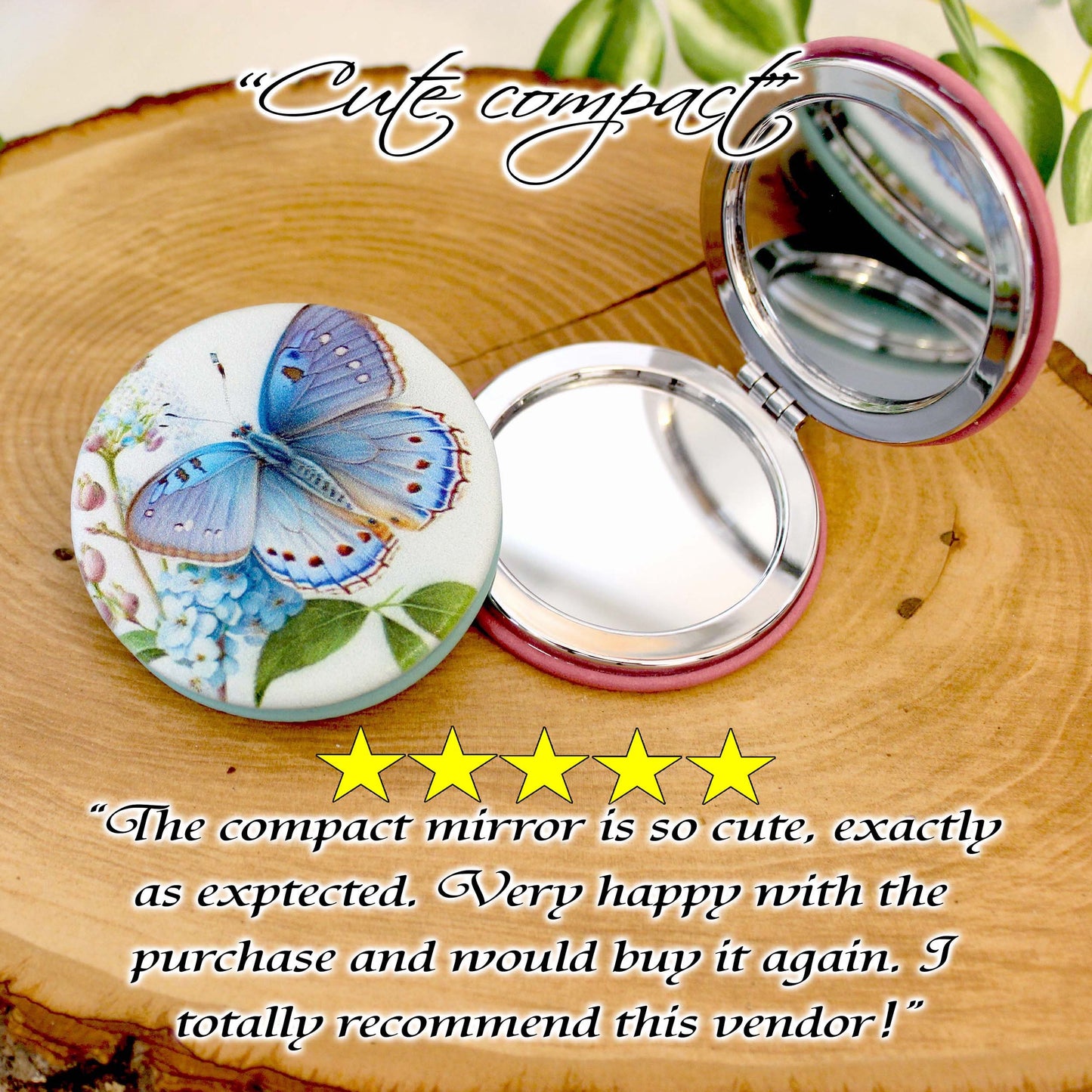 Blue Butterfly Leatherette Women's Compact Mirror, Custom Bridesmaid Gift, Perfect Birthday/Mother's Day Gift or favors. UV Decorated