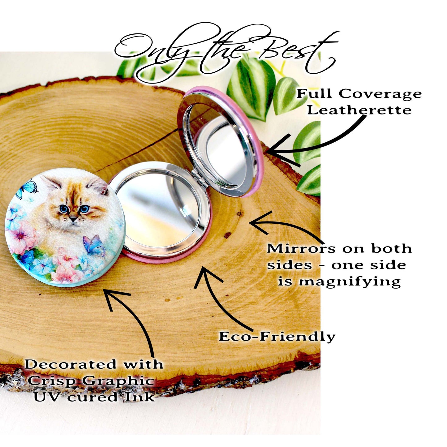 Blue Butterfly & Kitten Leatherette Women's Compact Mirror, Custom Bridesmaid Wedding Gift, Perfect Birthday/Mother's Day Gift, UV Decorated