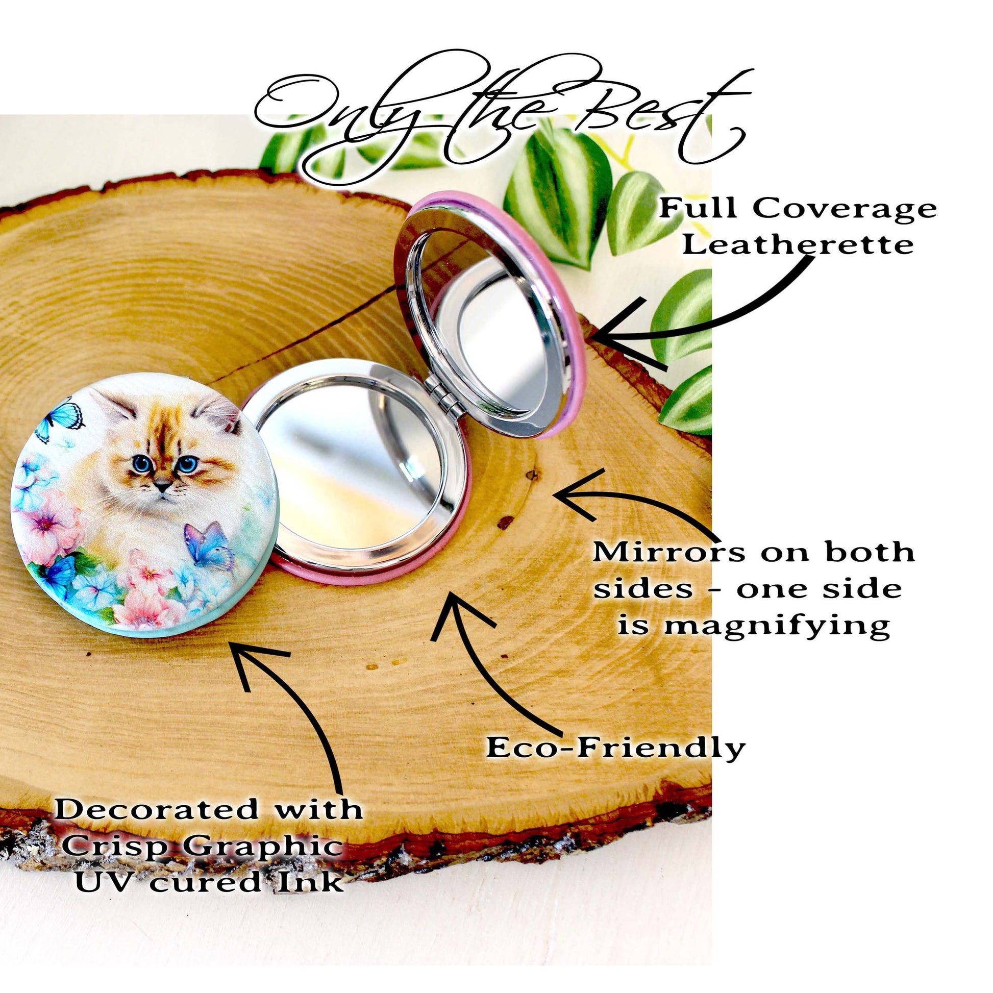 Blue Butterfly & Kitten Leatherette Women's Compact Mirror, Custom Bridesmaid Wedding Gift, Perfect Birthday/Mother's Day Gift, UV Decorated