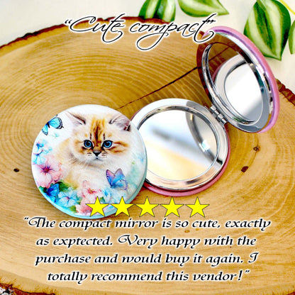 Blue Butterfly & Kitten Leatherette Women's Compact Mirror, Custom Bridesmaid Wedding Gift, Perfect Birthday/Mother's Day Gift, UV Decorated