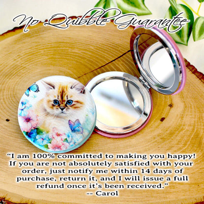 Blue Butterfly & Kitten Leatherette Women's Compact Mirror, Custom Bridesmaid Wedding Gift, Perfect Birthday/Mother's Day Gift, UV Decorated