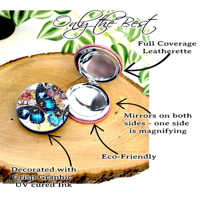 UV Decorated Butterfly Leatherette Women's Compact Mirror, Custom Bridesmaid Wedding Gift, Perfect Birthday or Mother's Day Gift or favors