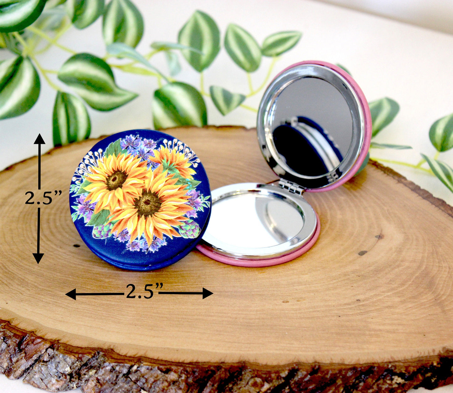 UV Decorated Sunflower & Cornflowers Leatherette Women's Compact Mirror perfect Bridesmaid Wedding Gift, Perfect Birthday/Mother's Day Gift