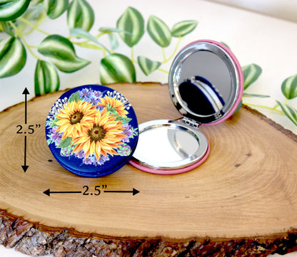 UV Decorated Sunflower & Cornflowers Leatherette Women's Compact Mirror perfect Bridesmaid Wedding Gift, Perfect Birthday/Mother's Day Gift