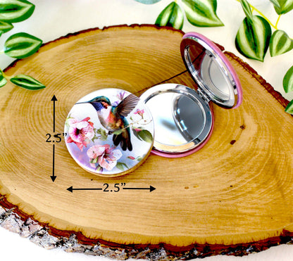 UV Decorated Hummingbird on Pink Floral Vine Leatherette Women's Compact Mirror, Custom Bridesmaid Gift, Perfect Birthday/Mother's Day Gift