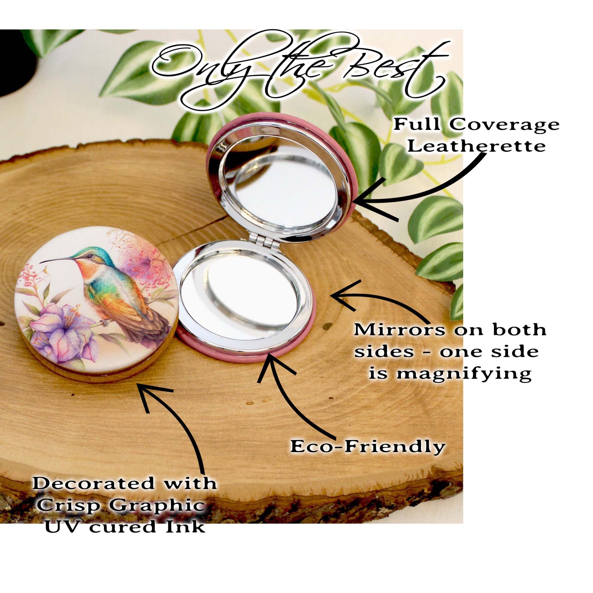 UV Decorated Ruby Throated Hummingbird Leatherette Women's Compact Mirror, Custom Bridesmaid Gift, Perfect Birthday or Mother's Day Gift