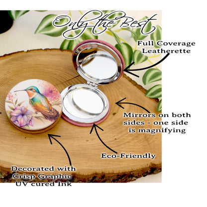 UV Decorated Ruby Throated Hummingbird Leatherette Women's Compact Mirror, Custom Bridesmaid Gift, Perfect Birthday or Mother's Day Gift