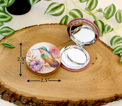 UV Decorated Ruby Throated Hummingbird Leatherette Women's Compact Mirror, Custom Bridesmaid Gift, Perfect Birthday or Mother's Day Gift
